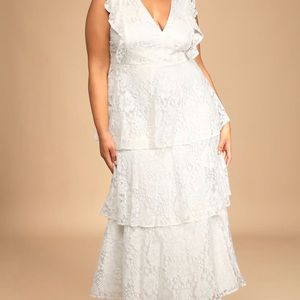 White 2x Lulus Molinetto White Lace Ruffled Tiered Sleeveless Maxi Dress bridal